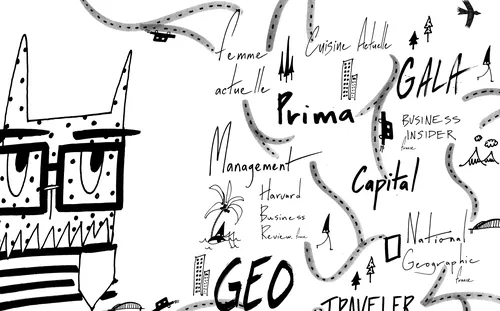 Monochrome abstract doodle art by Nadia Flower with handwritten text