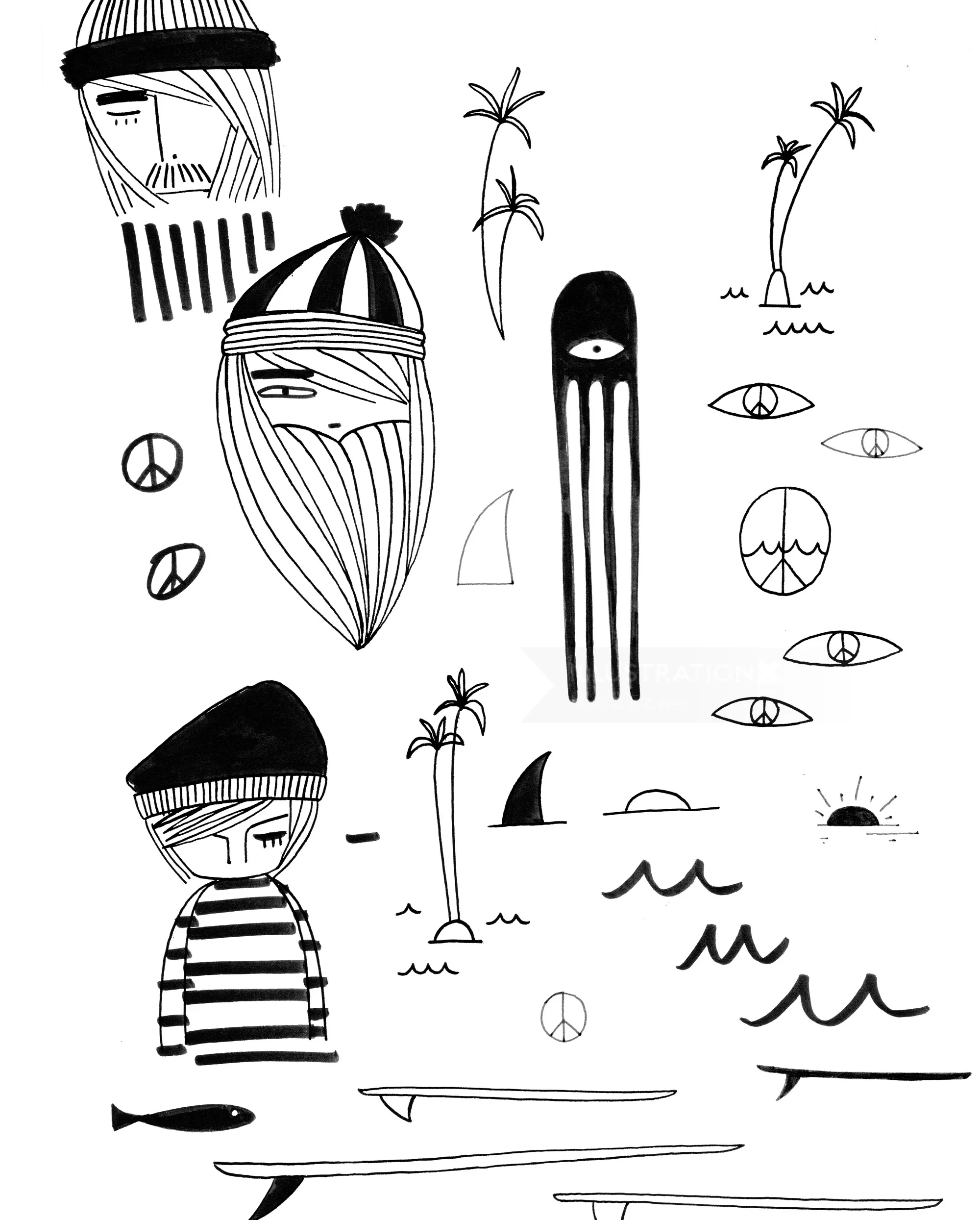 Abstract nautical doodle art with boats, faces, and palm trees by Nadia Flower