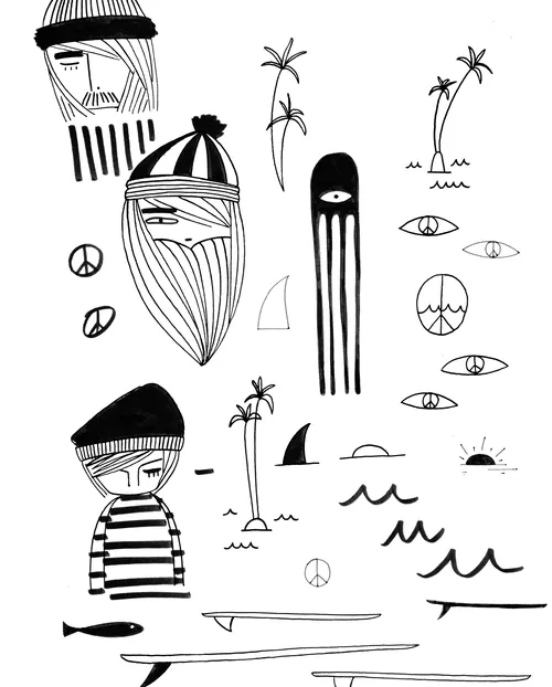 Abstract nautical doodle art with boats, faces, and palm trees by Nadia Flower