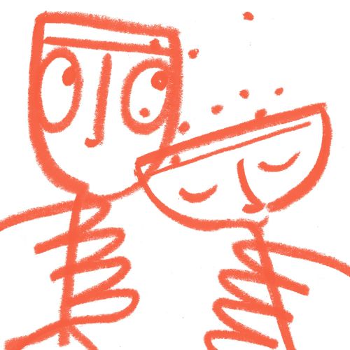 Abstract drawing of two wine glasses with faces by Nadia Flower