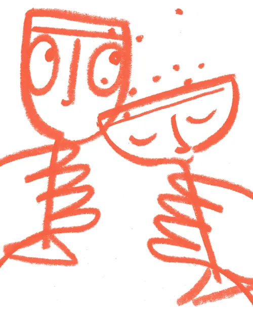 Abstract drawing of two wine glasses with faces by Nadia Flower