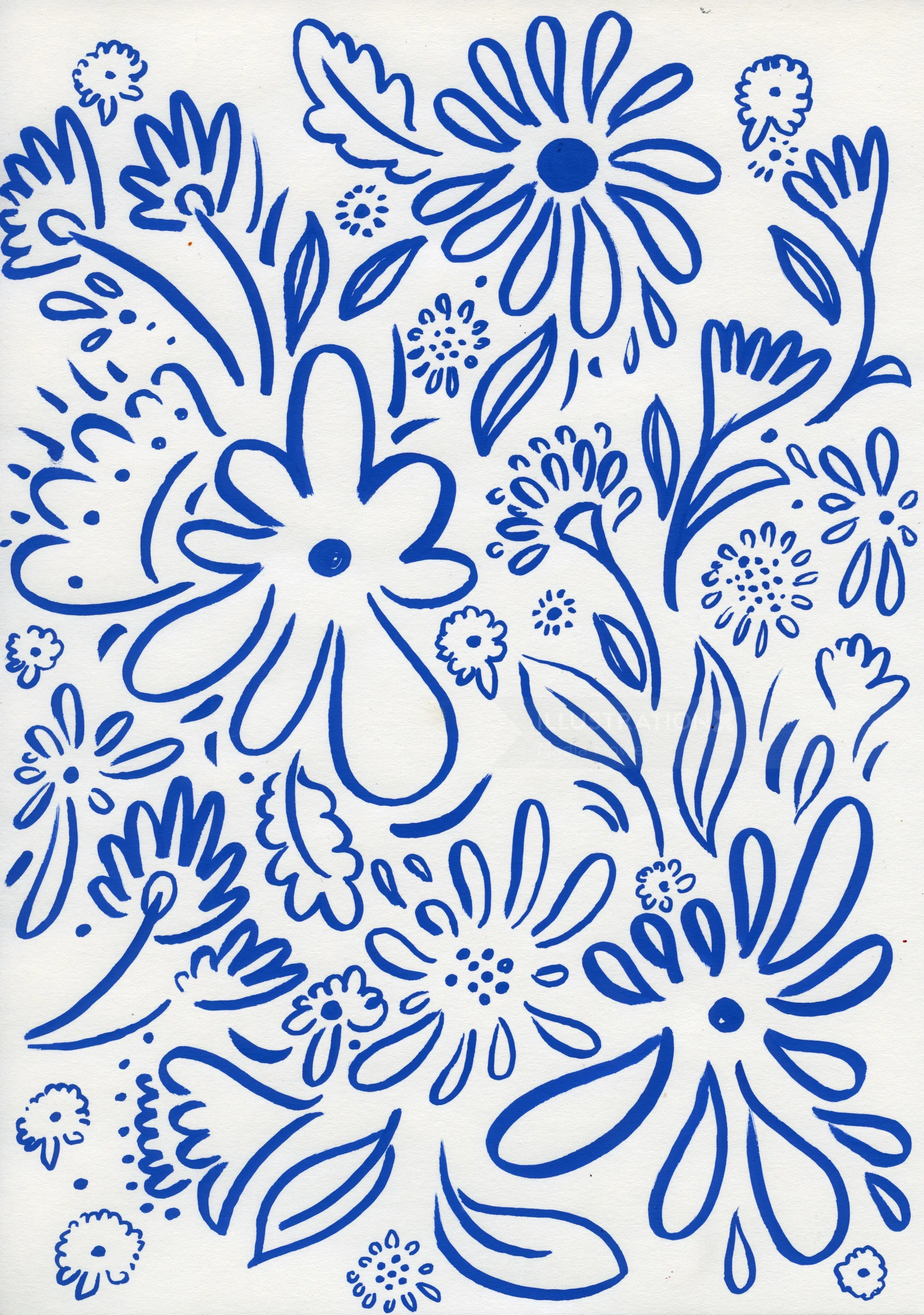 Blue floral and leaf pattern line art by Nadia Flower