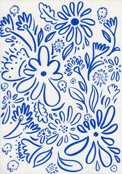 Blue floral and leaf pattern line art by Nadia Flower