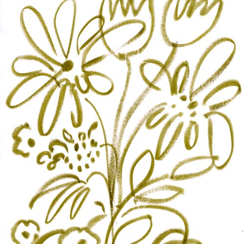 Abstract floral line drawing in olive green by Nadia Flower