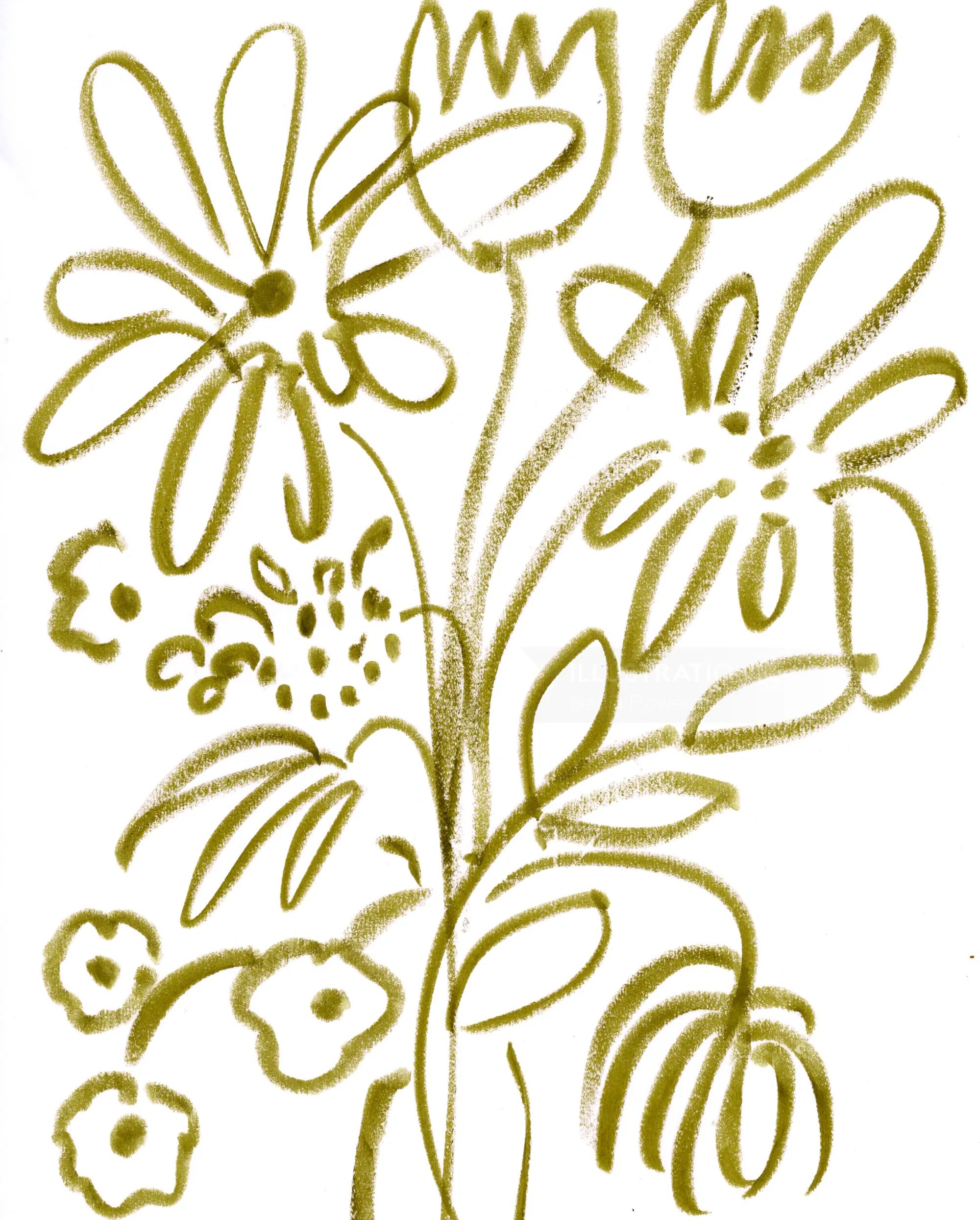 Abstract floral line drawing in olive green by Nadia Flower