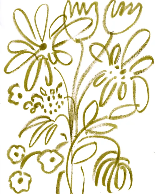 Abstract floral line drawing in olive green by Nadia Flower