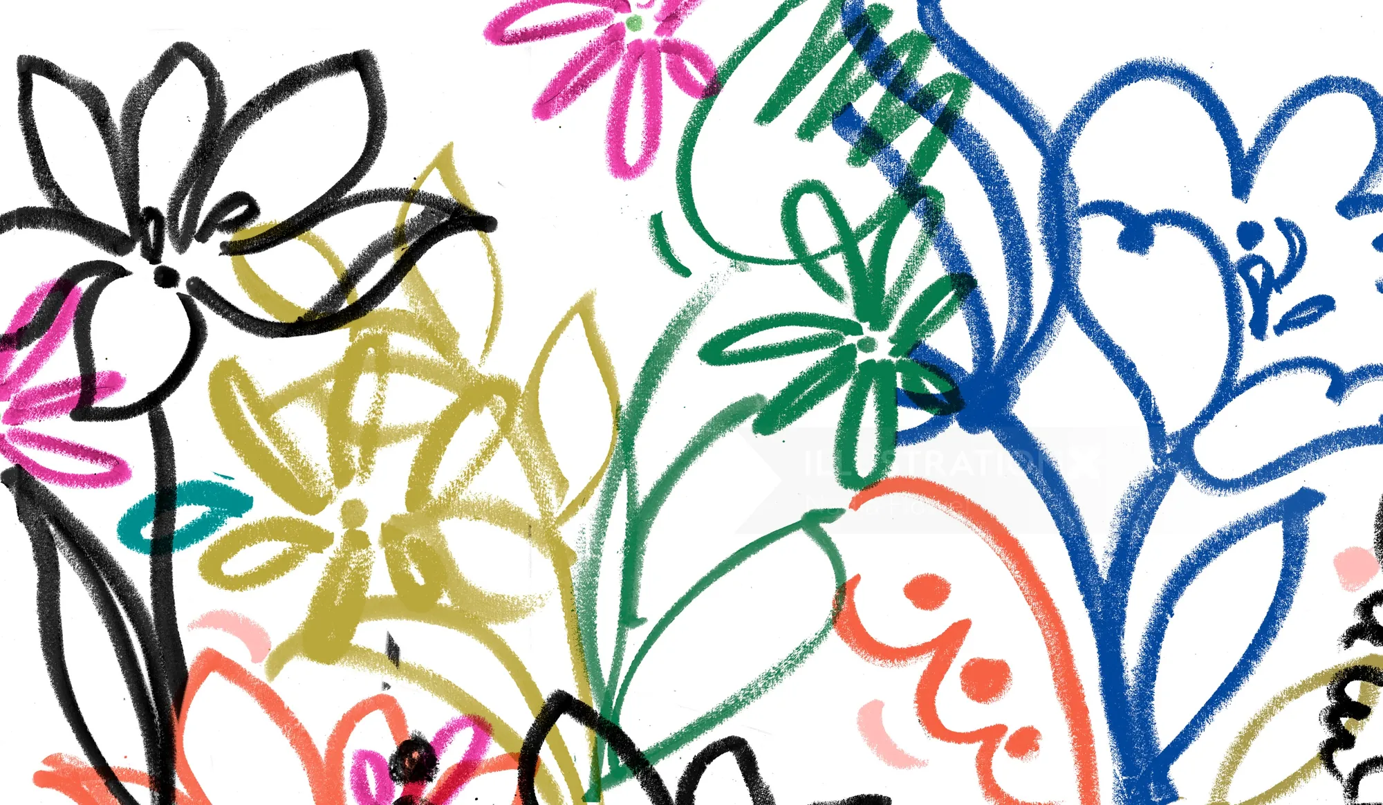 Colorful abstract floral drawing by Nadia Flower with vibrant petals and leaves