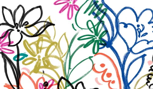 Colorful abstract floral drawing by Nadia Flower with vibrant petals and leaves