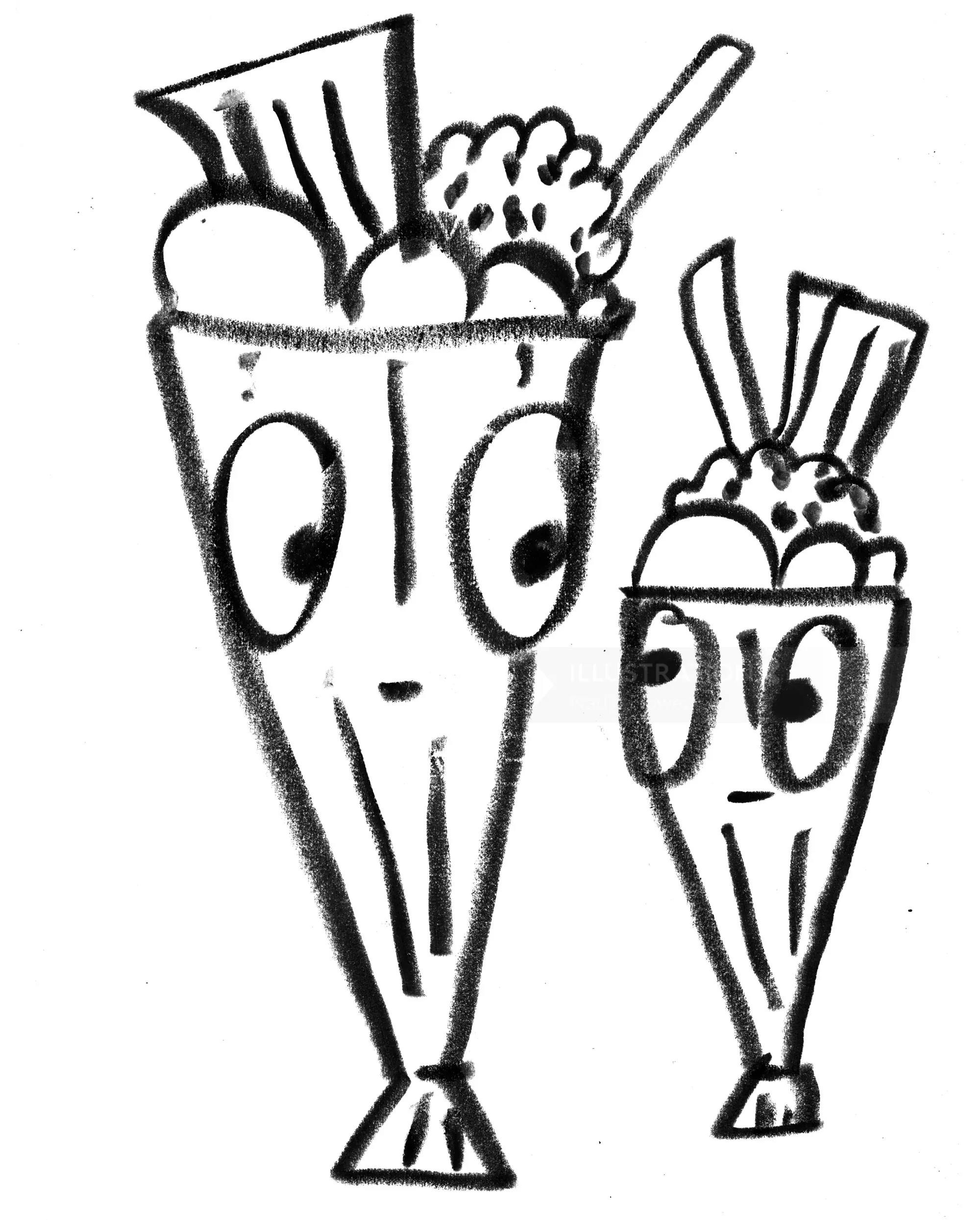 Black and white drawing of two snack cones with faces by Nadia Flower