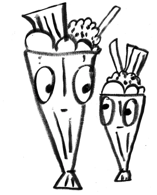 Black and white drawing of two snack cones with faces by Nadia Flower