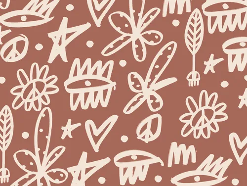 Abstract doodles pattern including flowers, hearts, stars on earth tone background by Nadia Flower