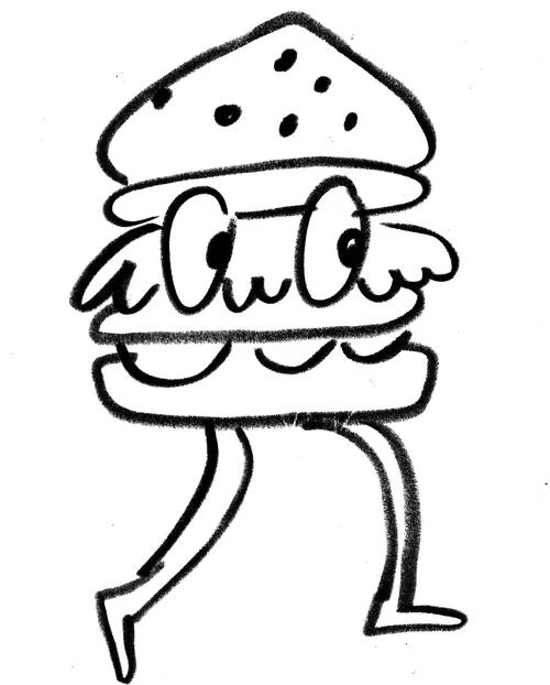 Walking cartoon hamburger with eyes and legs drawn by Nadia Flower