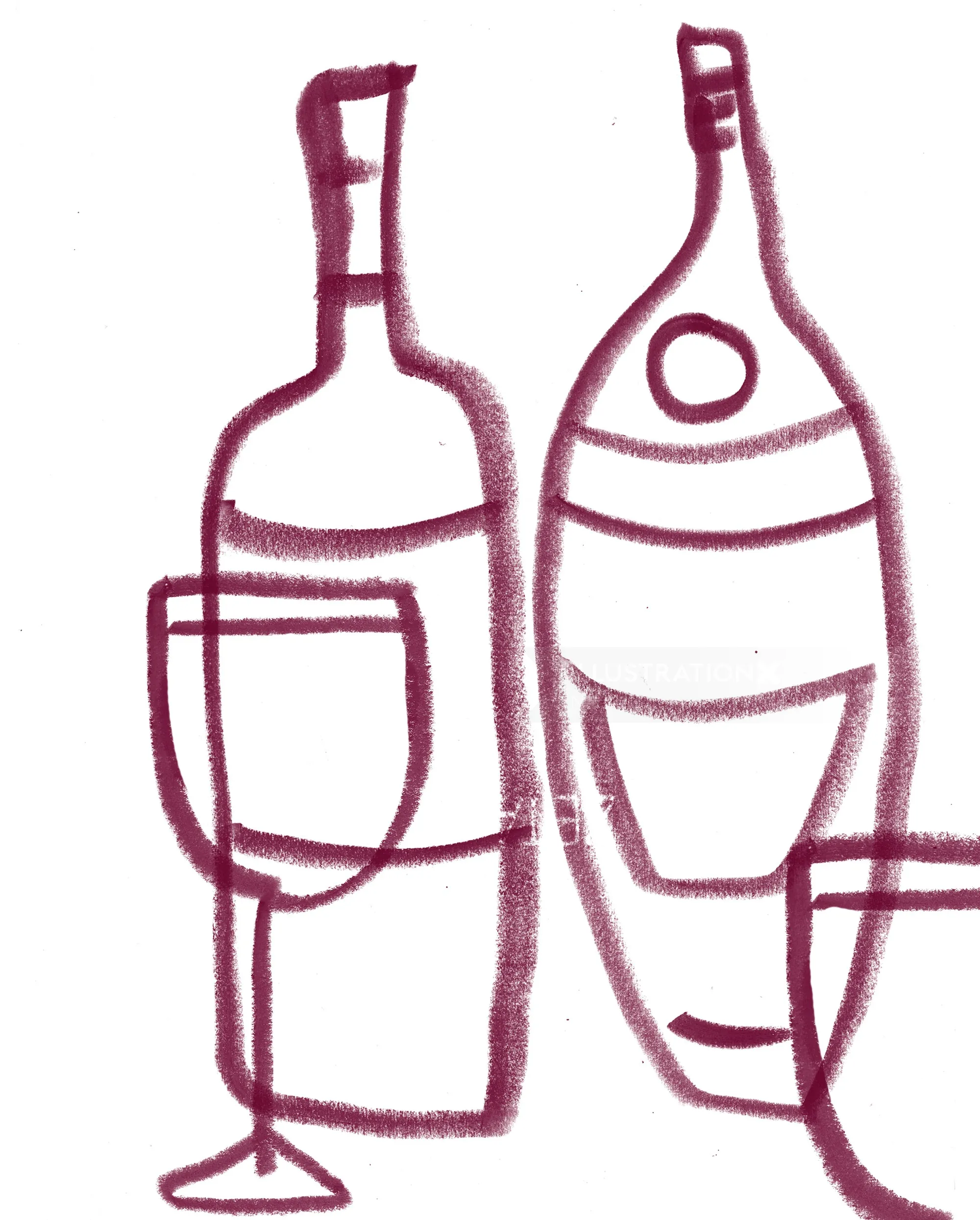 Minimalist wine bottles and glass line drawing by Nadia Flower