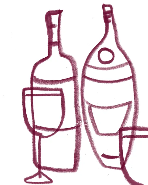 Minimalist wine bottles and glass line drawing by Nadia Flower