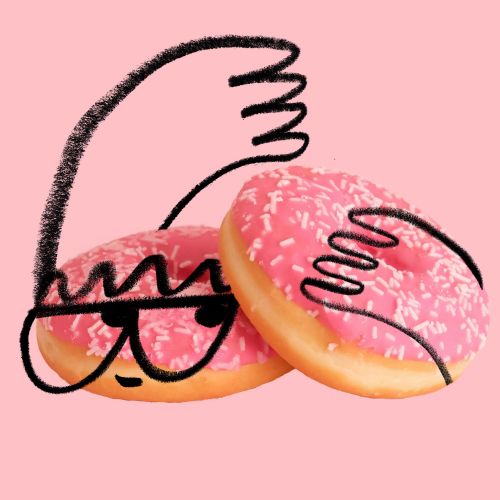Illustration of two pink frosted donuts, one with sunglasses by Nadia Flower
