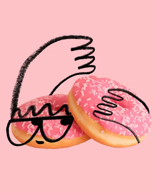 Illustration of two pink frosted donuts, one with sunglasses by Nadia Flower