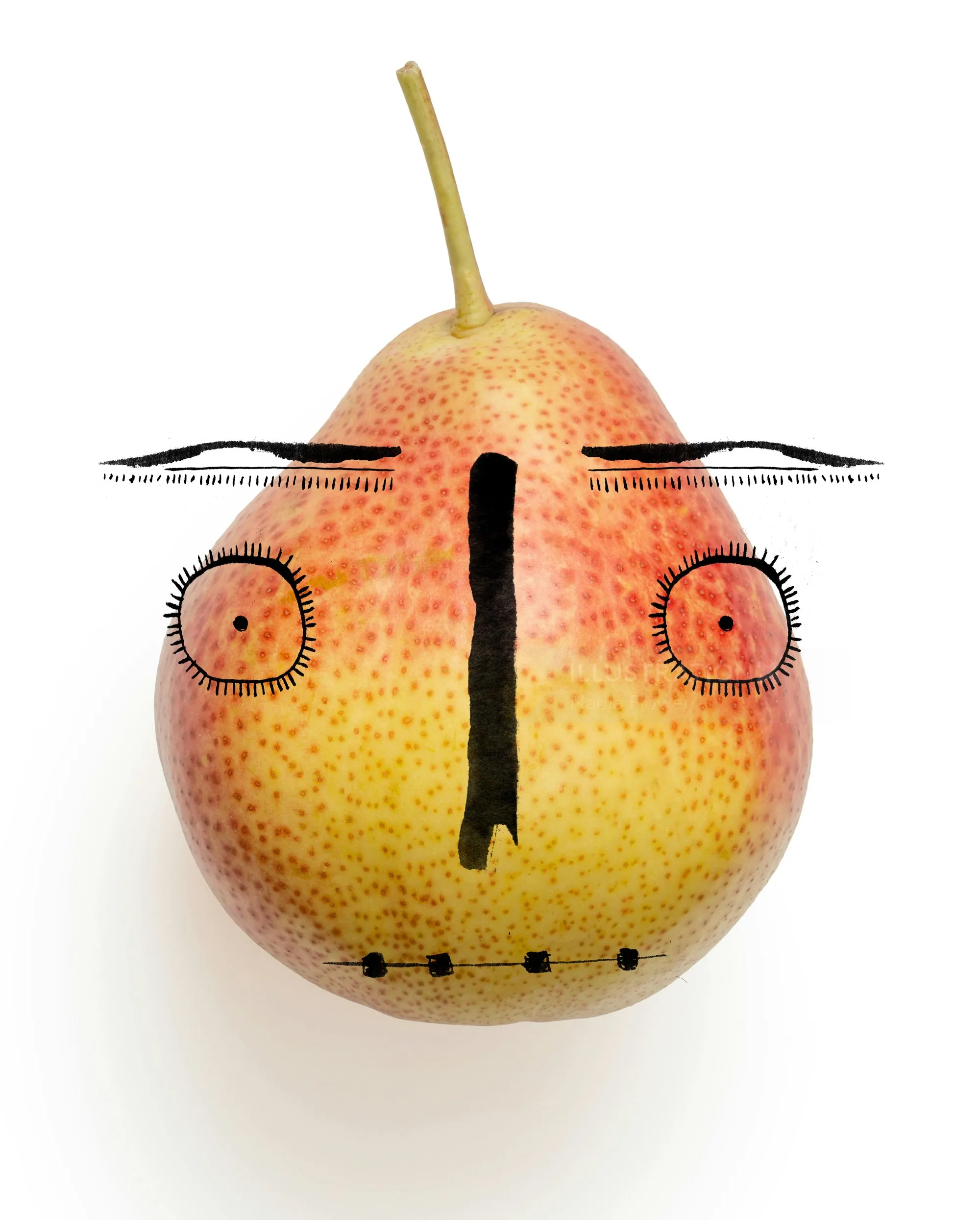 Pear with a face drawn on it by Nadia Flower