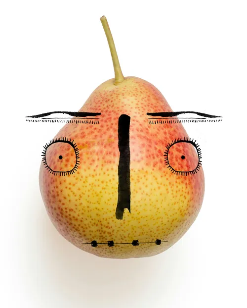 Pear with a face drawn on it by Nadia Flower