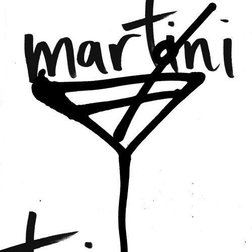 Black ink calligraphy of the phrase martini time with martini glass shape by Nadia Flower