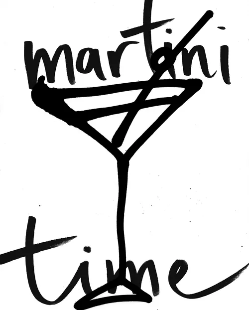 Black ink calligraphy of the phrase martini time with martini glass shape by Nadia Flower