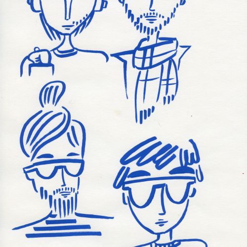 Minimalist blue line drawing of four people by Nadia Flower