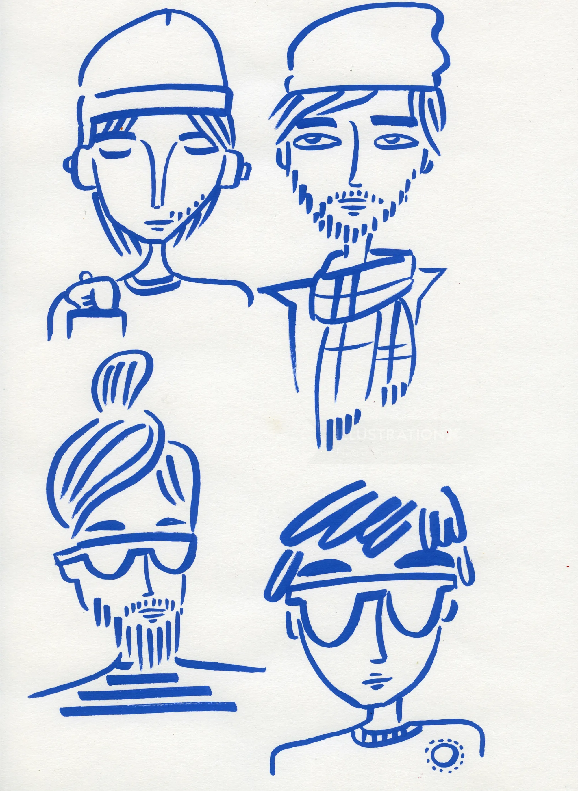 Minimalist blue line drawing of four people by Nadia Flower