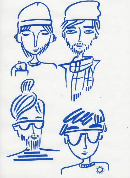 Minimalist blue line drawing of four people by Nadia Flower