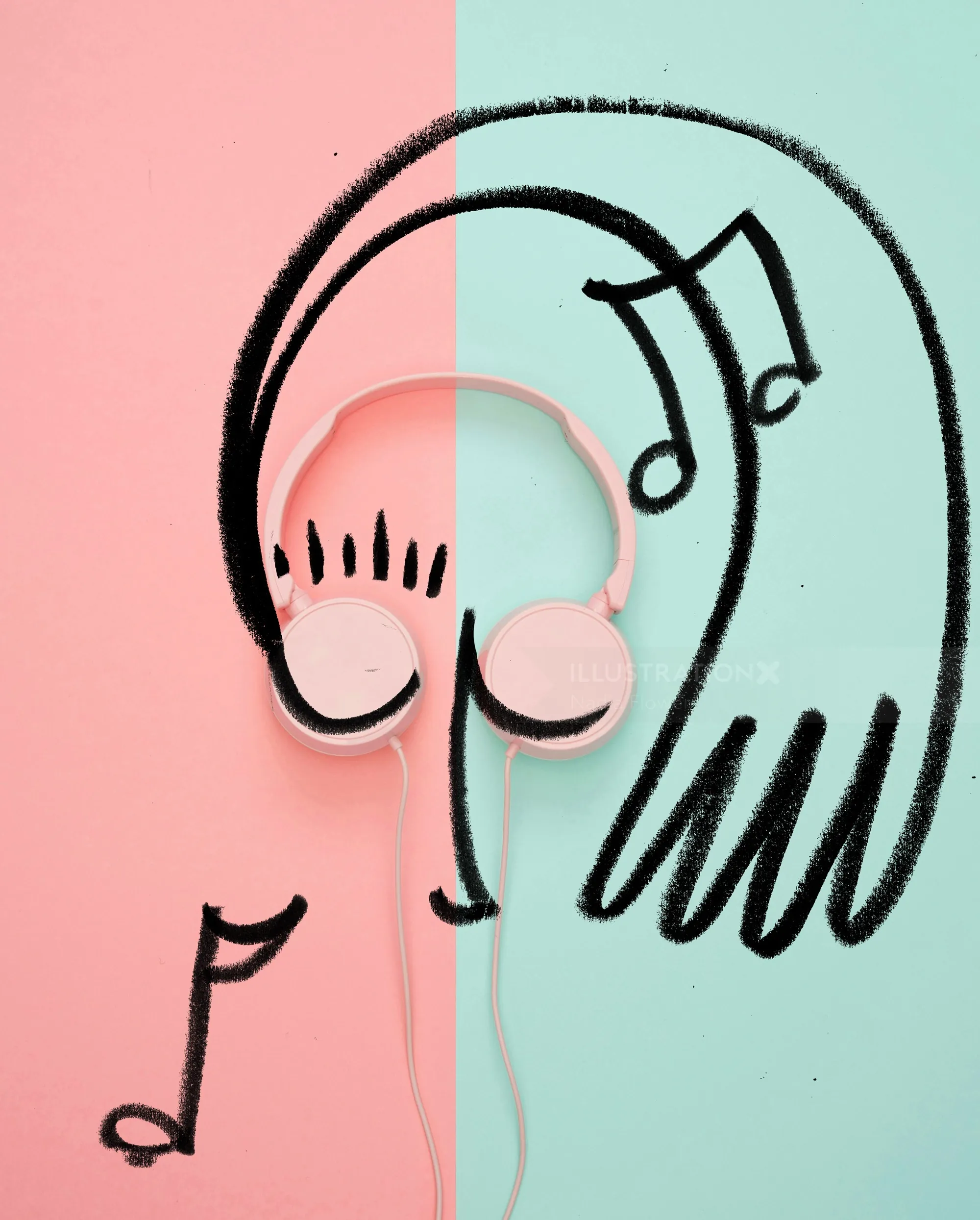 Pink headphones with music notes and face outline drawing by Nadia Flower