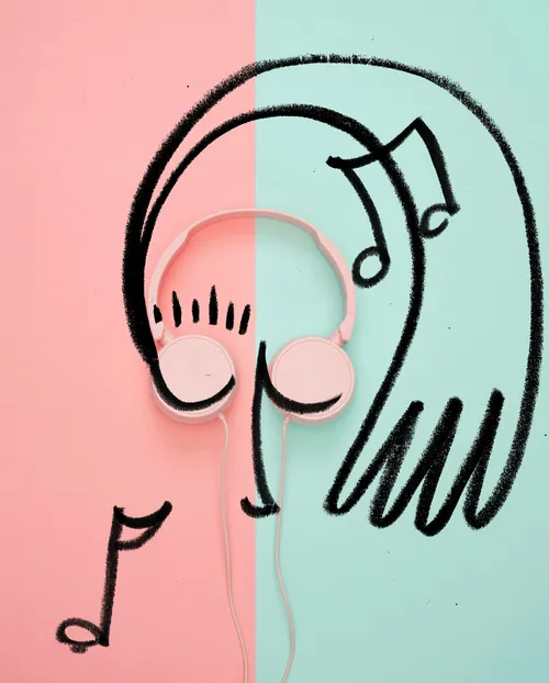Pink headphones with music notes and face outline drawing by Nadia Flower