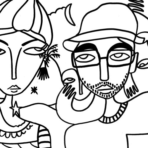 Abstract black and white line drawing of two people by Nadia Flower