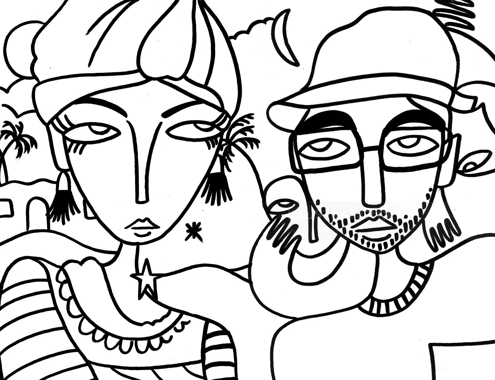 Abstract black and white line drawing of two people by Nadia Flower