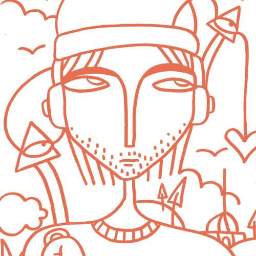 Line art portrait of man with hat surrounded by stars and abstract shapes by Nadia Flower