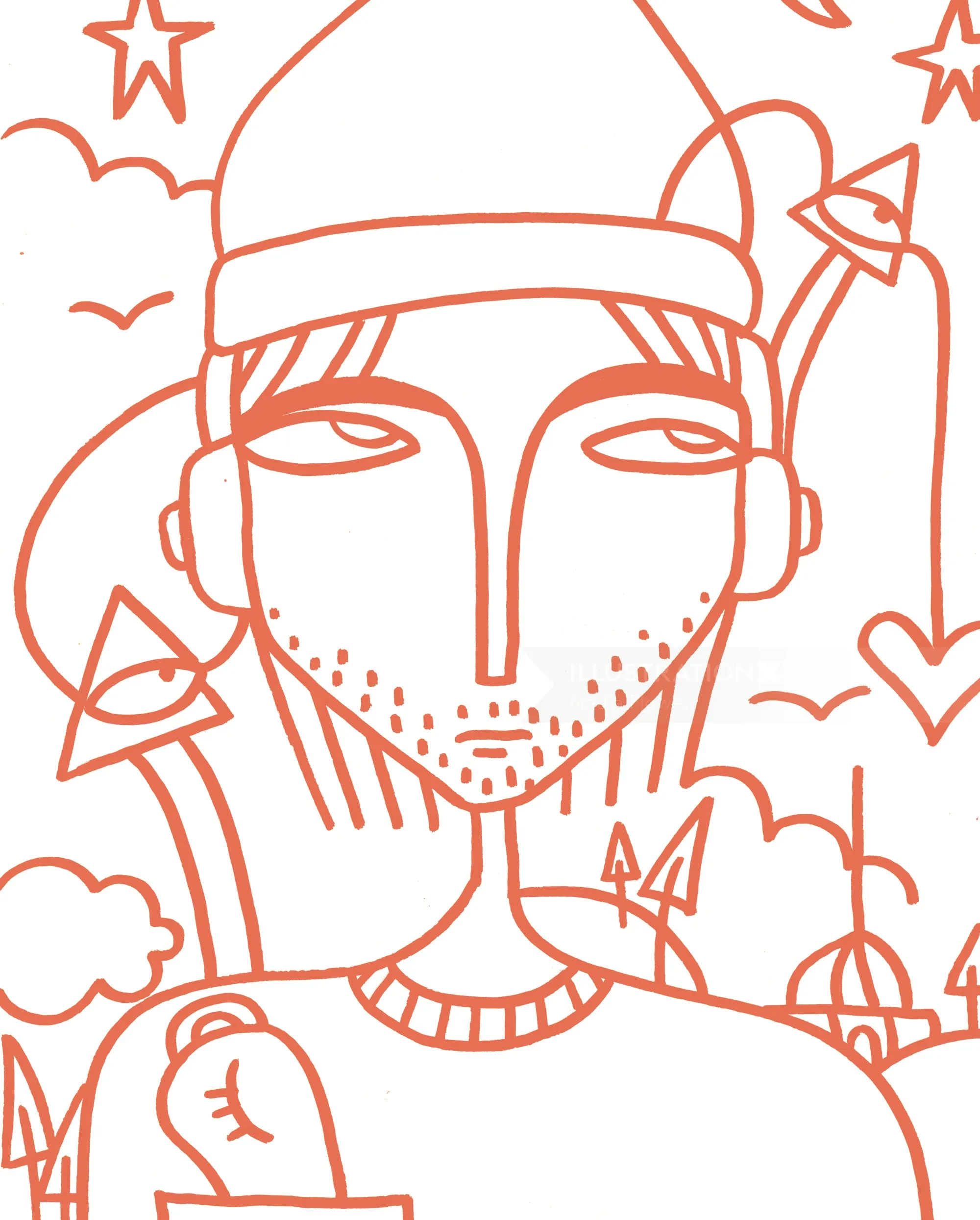 Line art portrait of man with hat surrounded by stars and abstract shapes by Nadia Flower