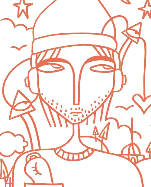 Line art portrait of man with hat surrounded by stars and abstract shapes by Nadia Flower