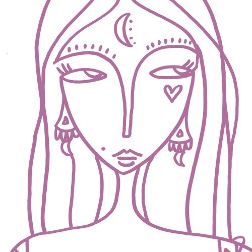 Abstract woman with crescent moon, stars, and heart, line art by Nadia Flower