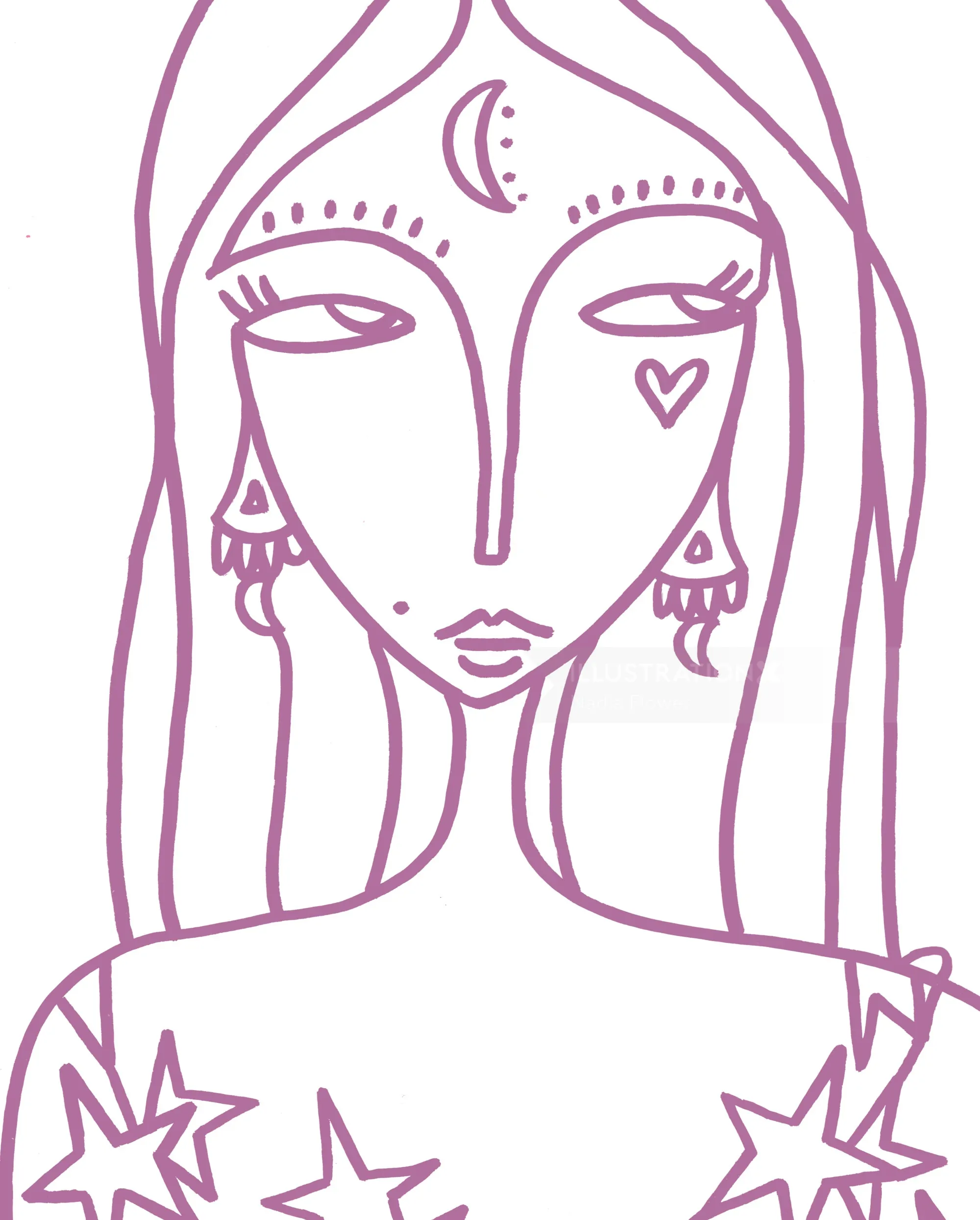 Abstract woman with crescent moon, stars, and heart, line art by Nadia Flower