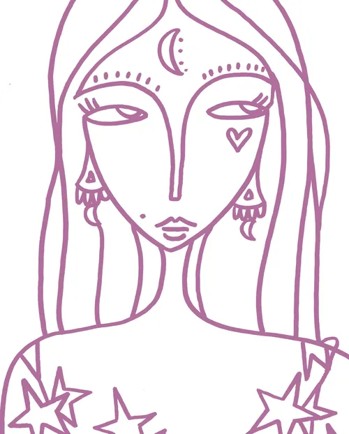 Abstract woman with crescent moon, stars, and heart, line art by Nadia Flower