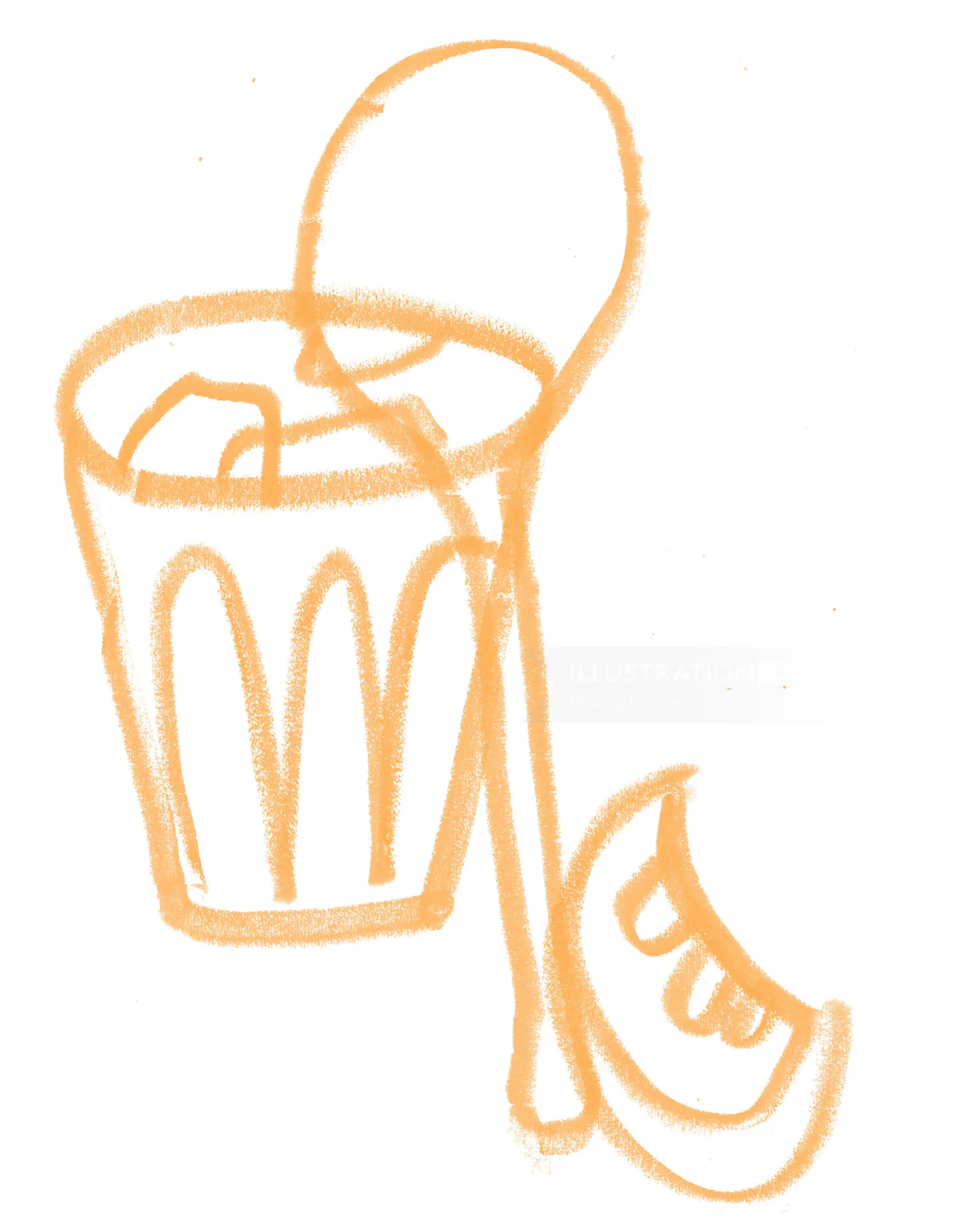 Orange line art of a glass with a straw and a fruit slice by Nadia Flower