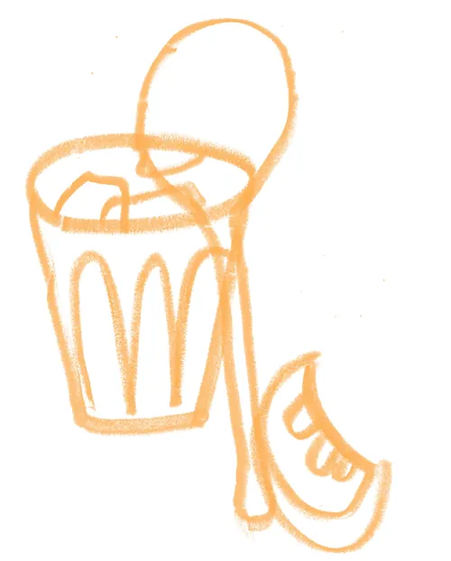 Orange line art of a glass with a straw and a fruit slice by Nadia Flower