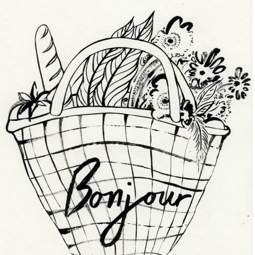 Black and white basket illustration with bread and flowers by Nadia Flower