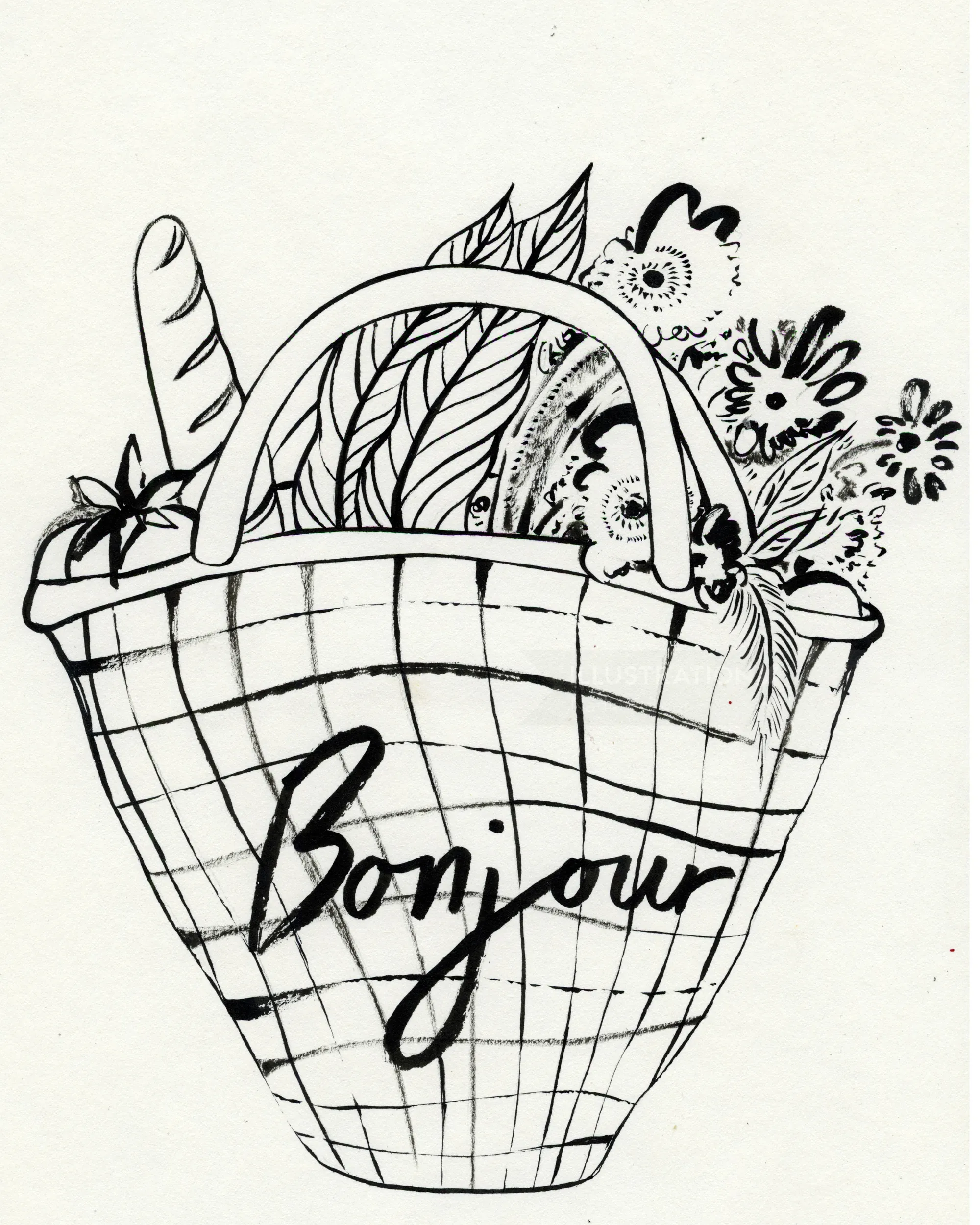 Black and white basket illustration with bread and flowers by Nadia Flower