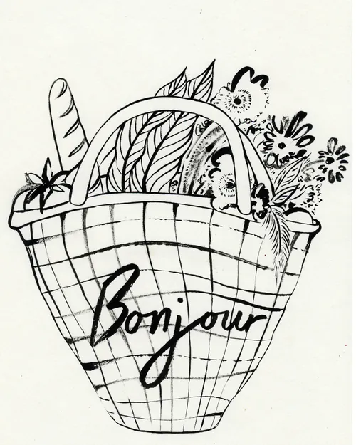 Black and white basket illustration with bread and flowers by Nadia Flower