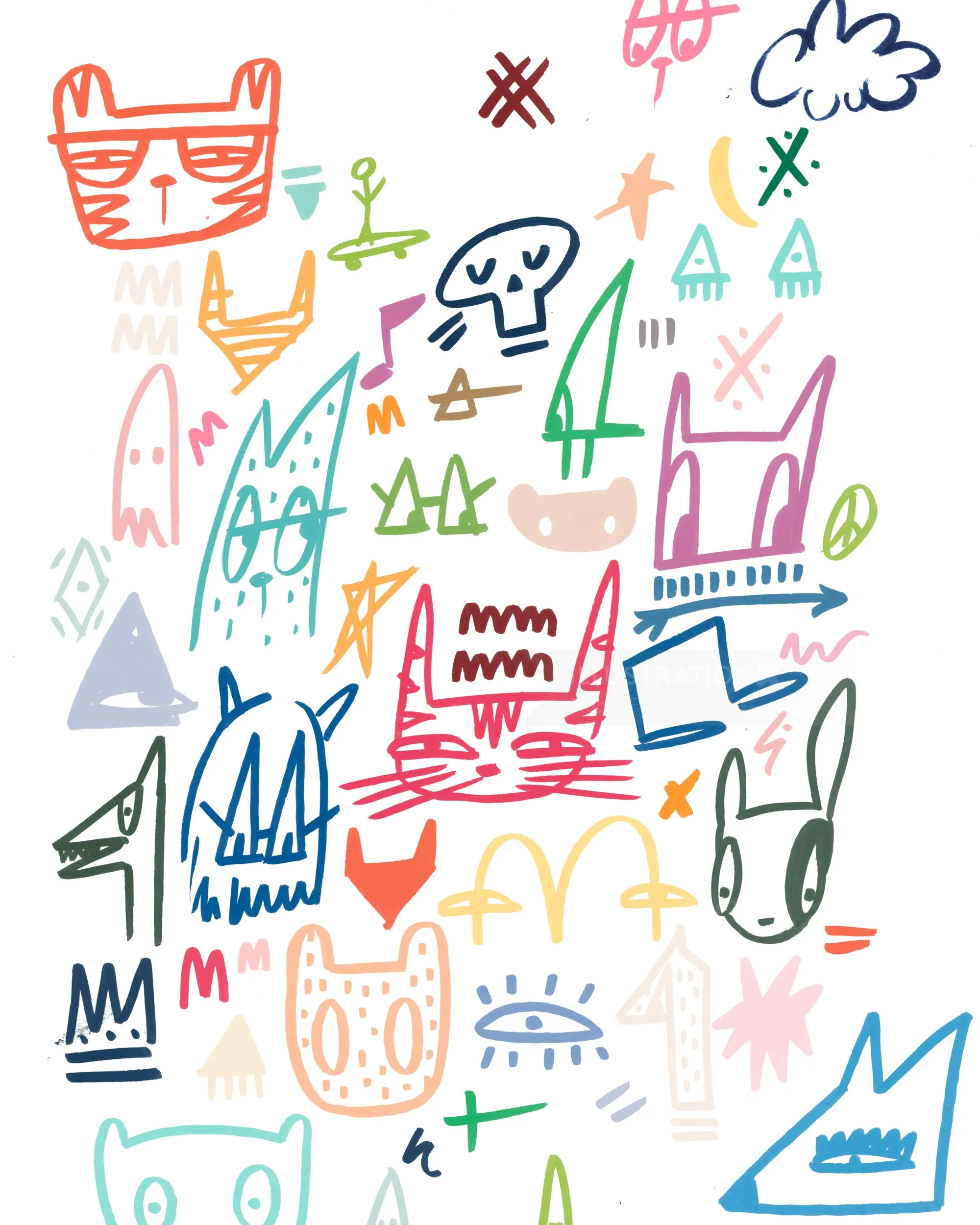 Colorful abstract doodle sketch by Nadia Flower with animal shapes and symbols