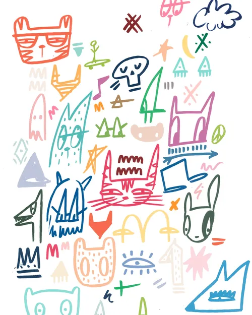 Colorful abstract doodle sketch by Nadia Flower with animal shapes and symbols