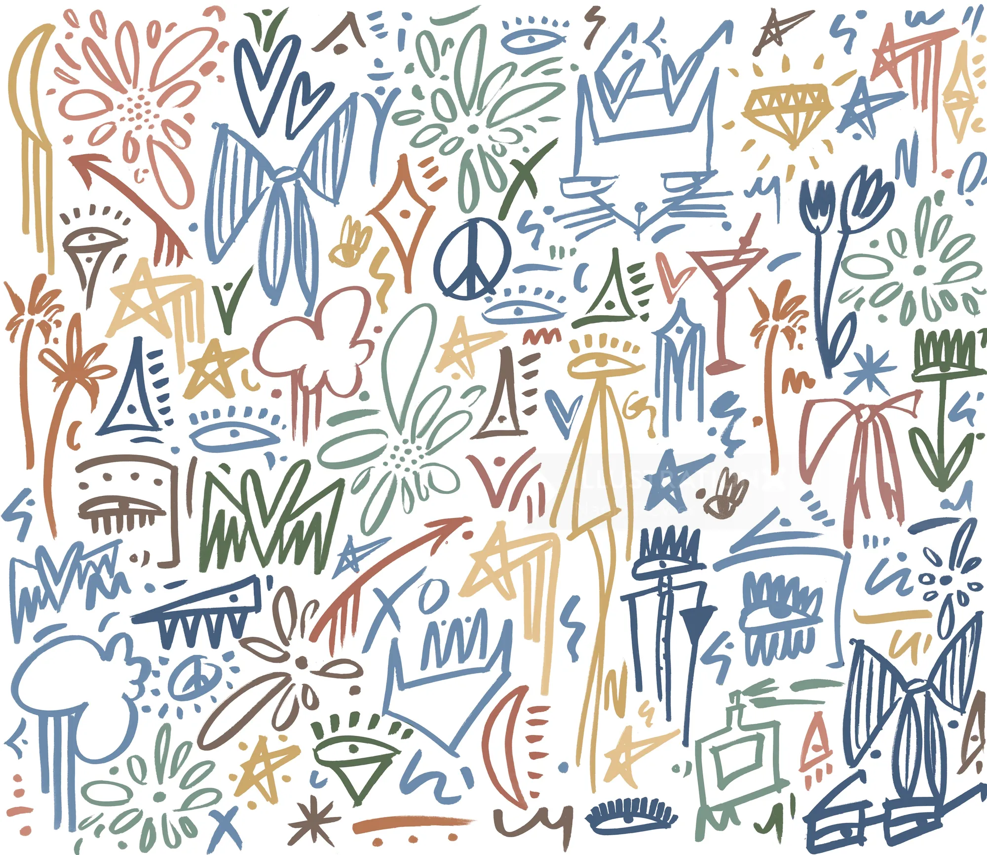 Colorful abstract doodle pattern with crowns, peace signs, and flowers by Nadia Flower