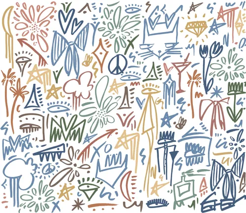 Colorful abstract doodle pattern with crowns, peace signs, and flowers by Nadia Flower