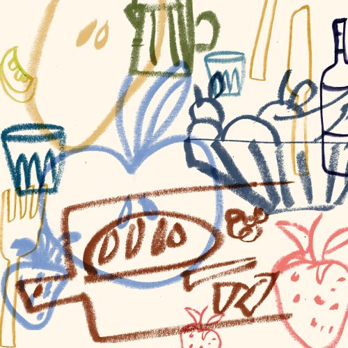 Abstract kitchen utensils and food items illustration by Nadia Flower
