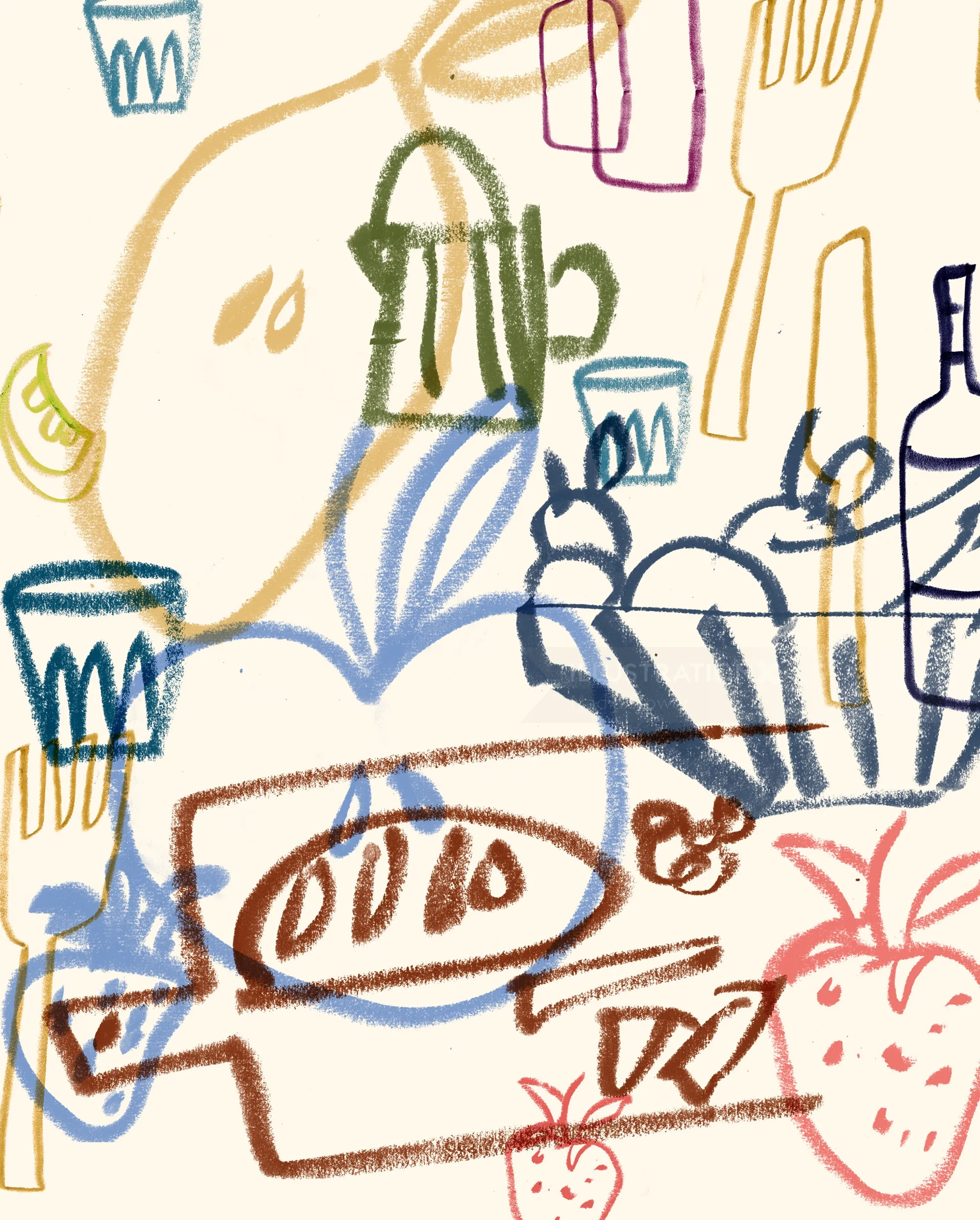 Abstract kitchen utensils and food items illustration by Nadia Flower
