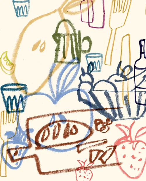 Abstract kitchen utensils and food items illustration by Nadia Flower