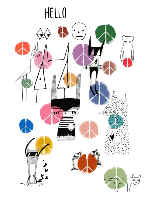 Abstract cats and animals with colorful peace symbol shapes by Nadia Flower
